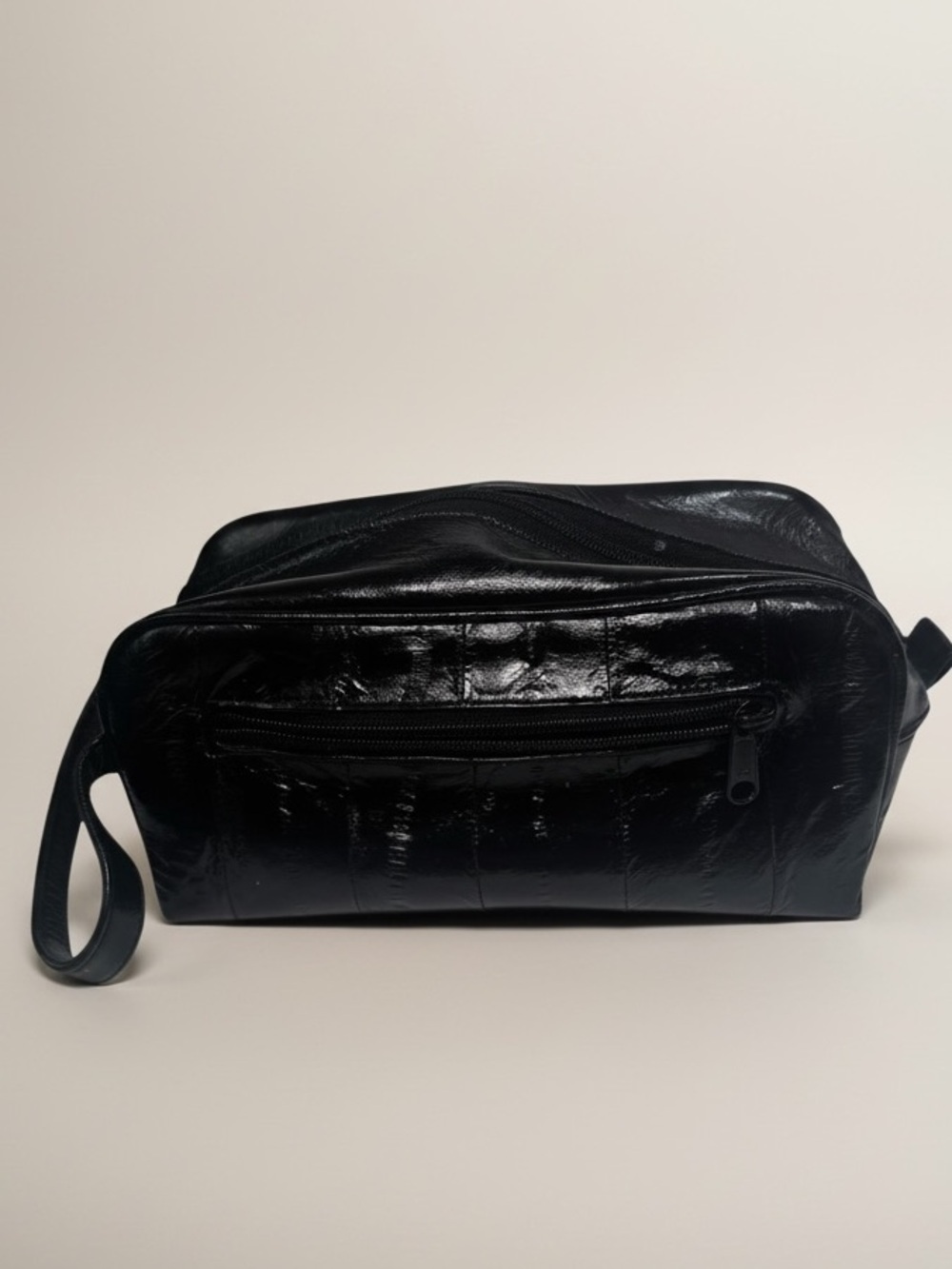 Vintage 80s Eel Skin Leather Toiletry Bag Tech Travel Cosmetic Shave Tote Black